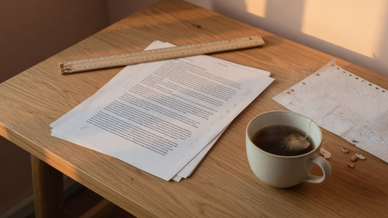 A printed draft on a desk, used to convert 3000 characters into words