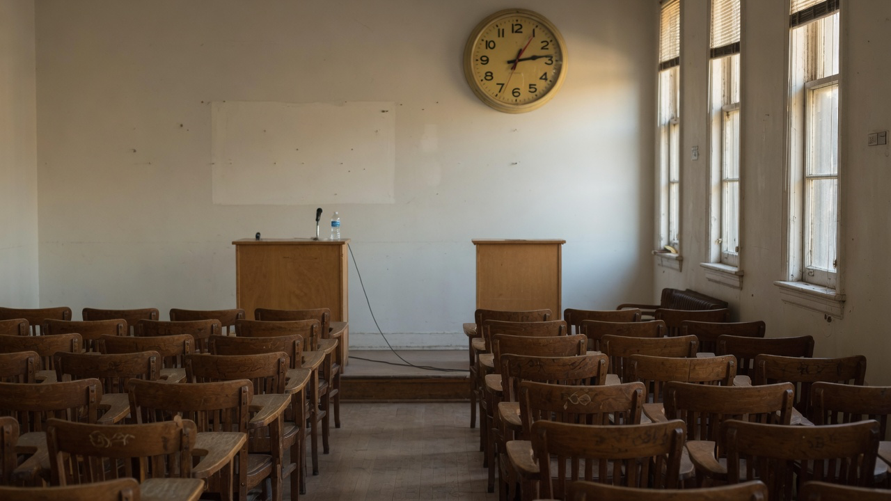A small empty lecture room and podium for a short timed speech