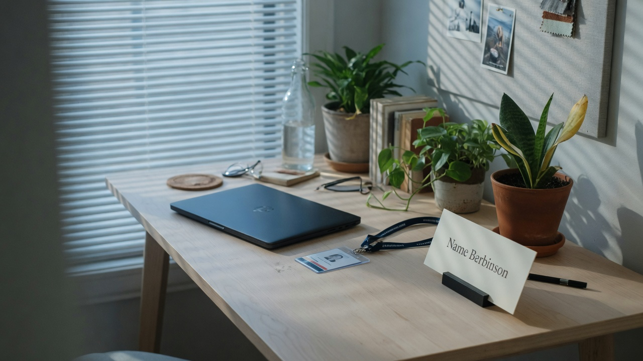 A professional desk and nameplate-style card for a LinkedIn headline
