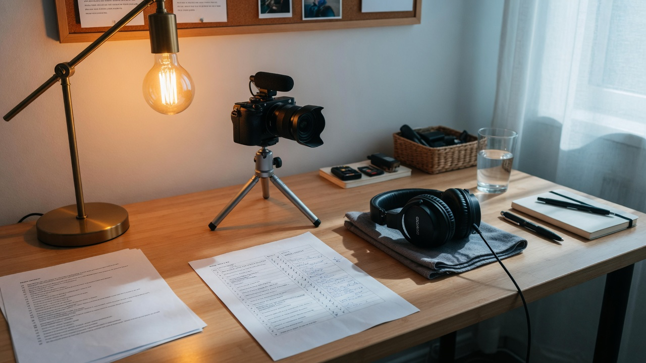 A small camera and shot list on a desk where a YouTube description is drafted